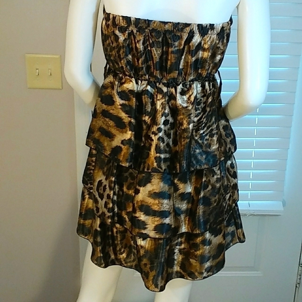 Dots Black Tan Animal Print Halter Baby Doll Tier Layer Ruffle Mini Dress Size - Picture 2 of 9